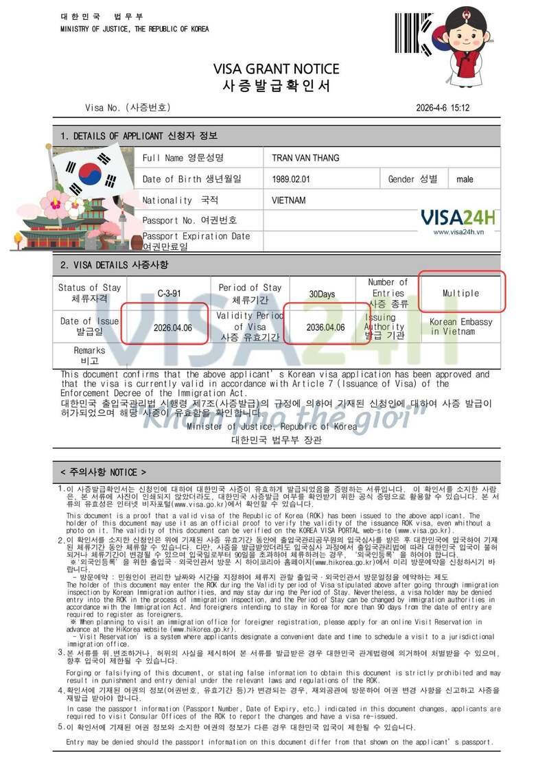 Kết quả visa Hàn Quốc thành công