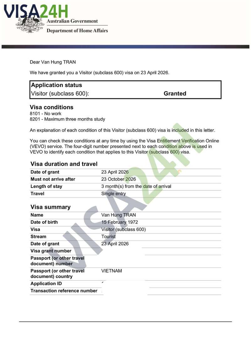 Kết quả visa úc thành công